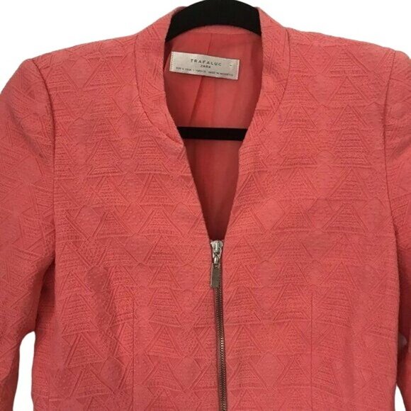 Zara Trafaluc Size S Full Zip Blazer Embossed Pink Fitted Jacket - Picture 4 of 7